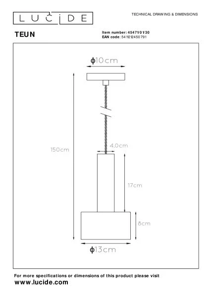 Lucide TEUN - Pendant light - Ø 13 cm - 1xE27 - Black - technical